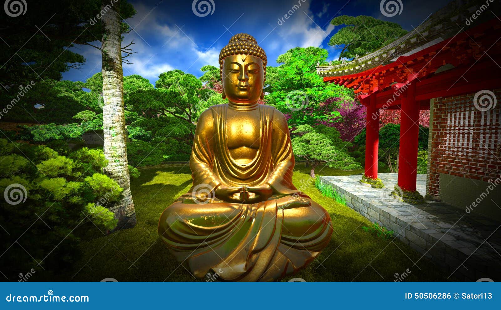 Buddha Statue in Japanese Garden Stock Illustration Illustration of