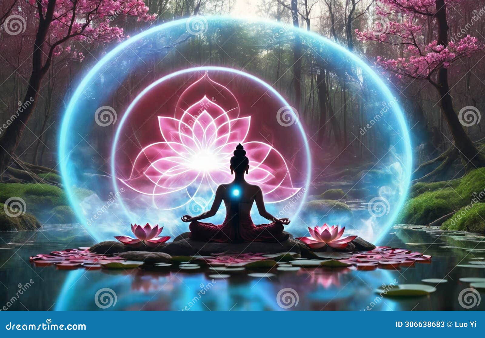 Buddha Statue in Lotus Pose Practicing Meditation in Spring Forest in