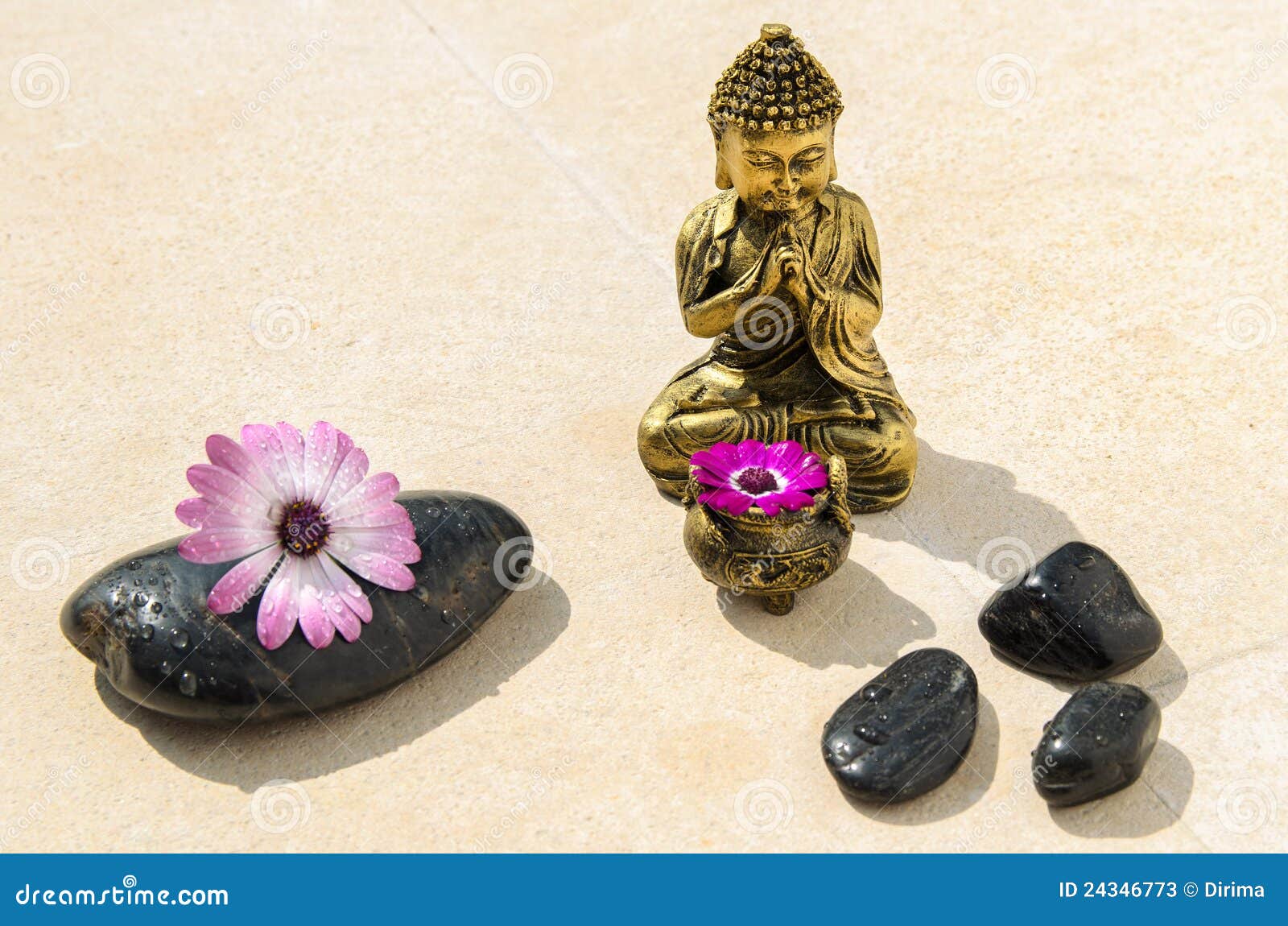 Buddha y piedras de oro. Concepto del balneario con Buddha de oro, los guijarros negros y las flores en una tierra de piedra.