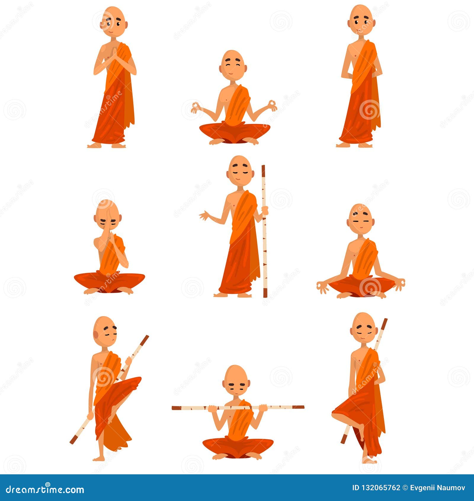 Buddhist Monks Cartoon Characters In Different Poses Set, Monk In