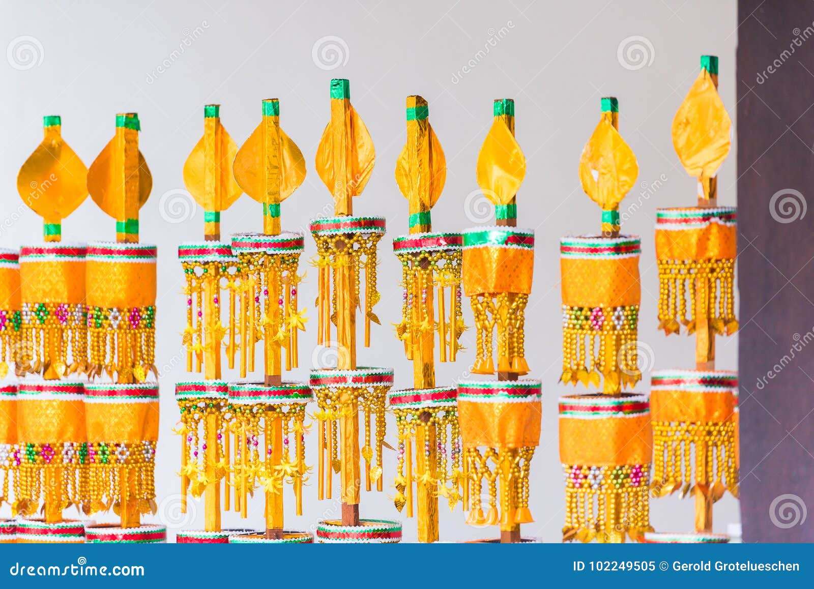 buddhist ritual objects in the temple wat sensoukaram in louangphabang, laos. close-up.