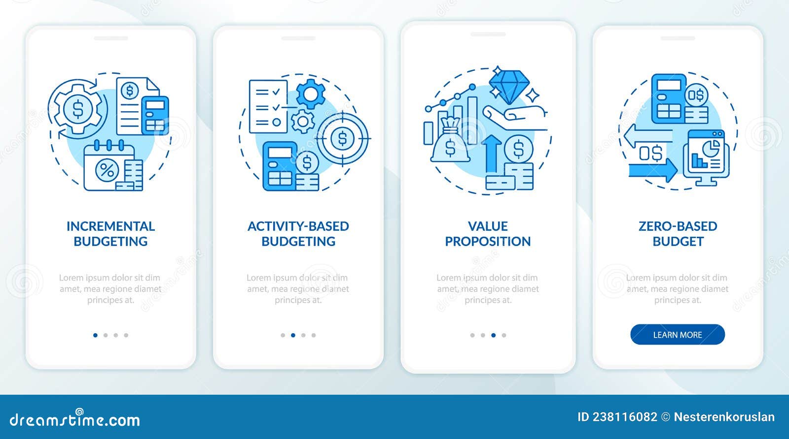 budgeting types blue onboarding mobile app screen