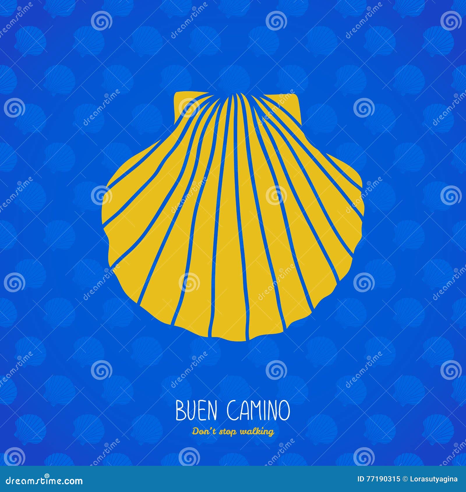 buen camino! yellow shell on the blue background.