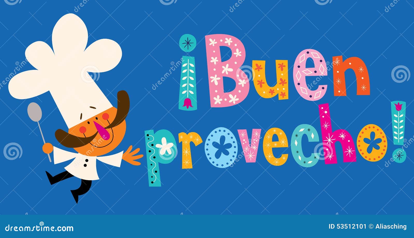 buen provecho spanish decorative lettering with chef character