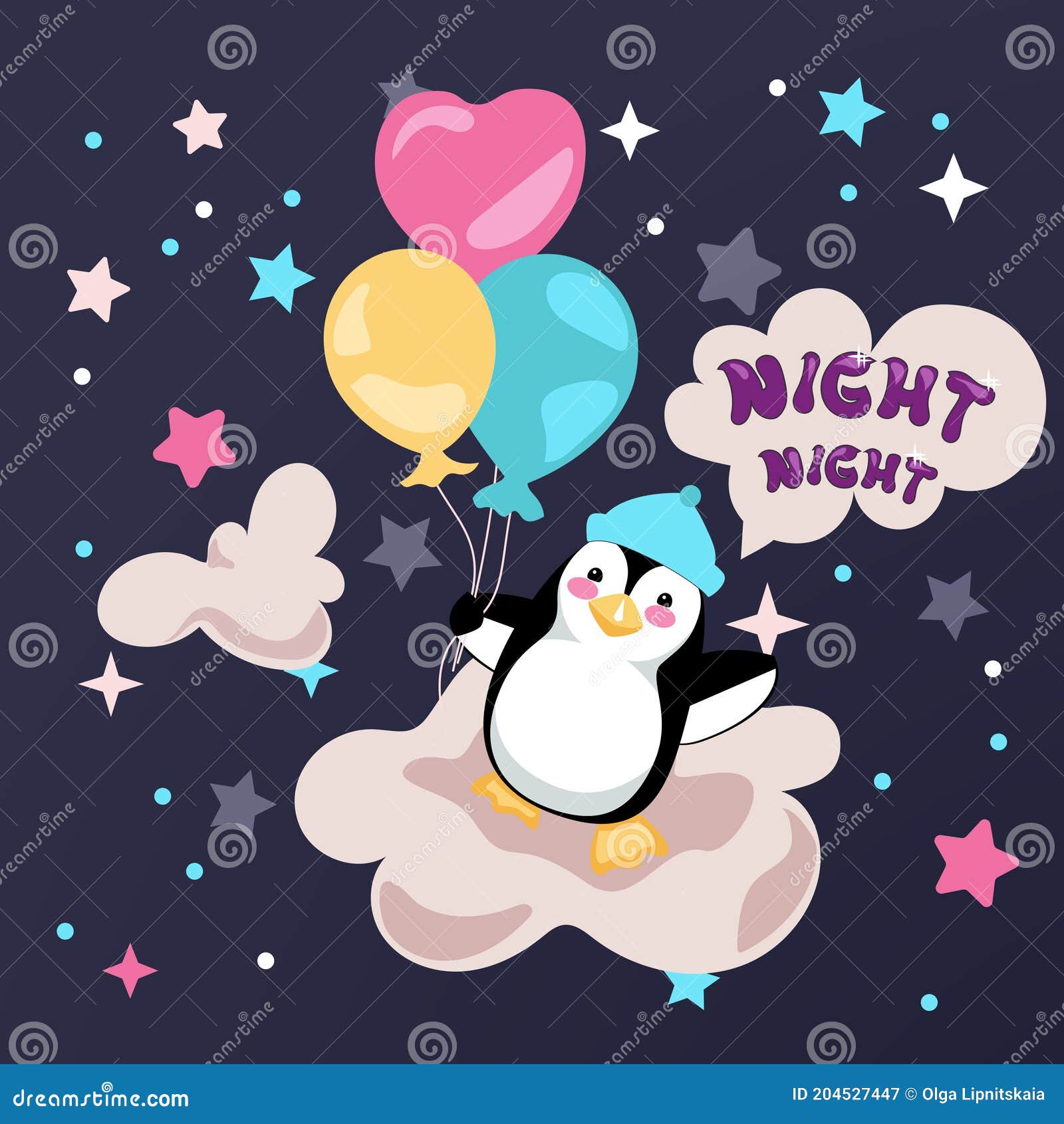 Buenas Noches Con Pingüino De Dibujos Animados Volando En El Cielo  Ilustración del Vector - Ilustración de bedtime, bueno: 204527447