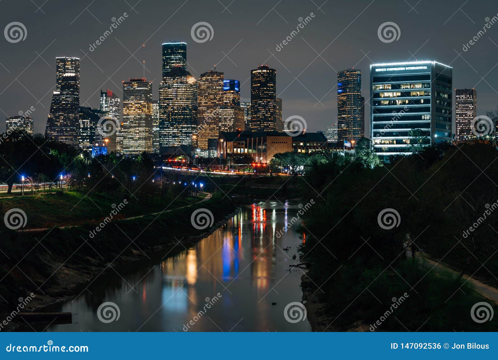 The Buffalo Bayou and Houston Skyline at Night, in Houston, Texas
