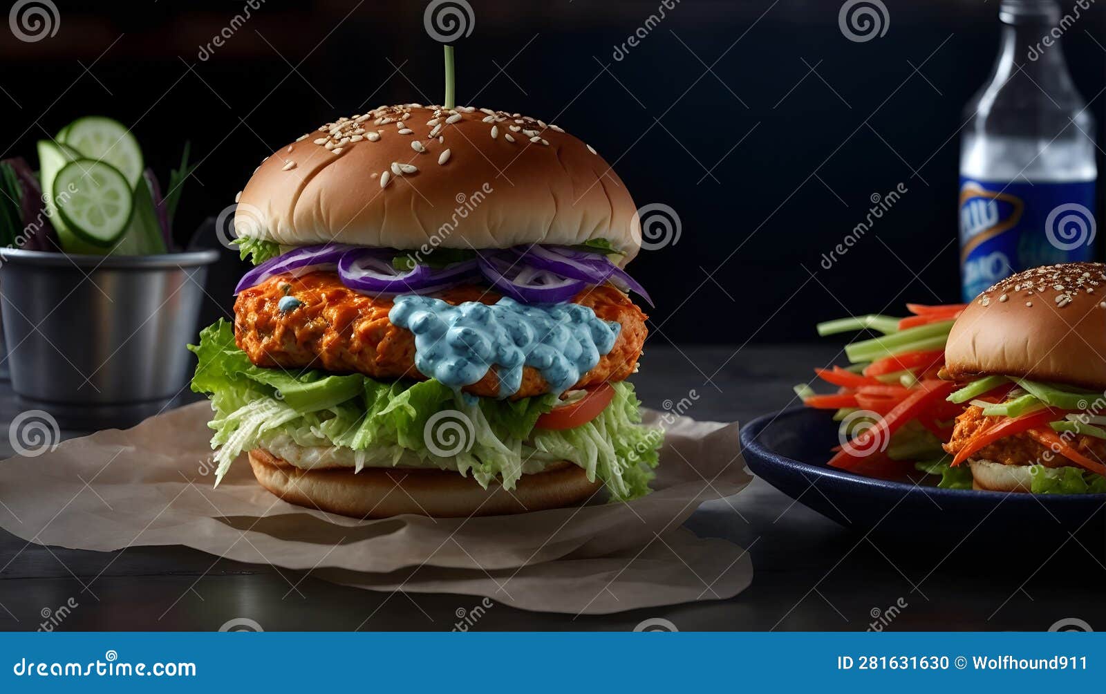 Buffalo Chicken Burger with Blue Cheese Dressing. Generative AI Stock