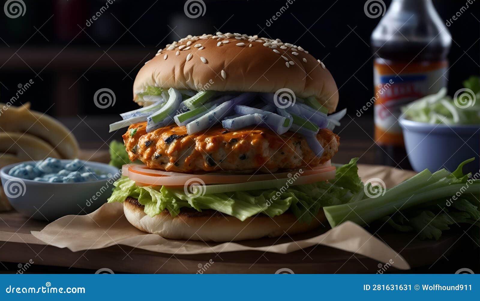 Buffalo Chicken Burger with Blue Cheese Dressing. Generative AI Stock