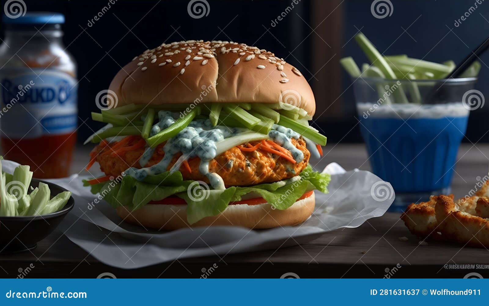 Buffalo Chicken Burger with Blue Cheese Dressing. Generative AI Stock