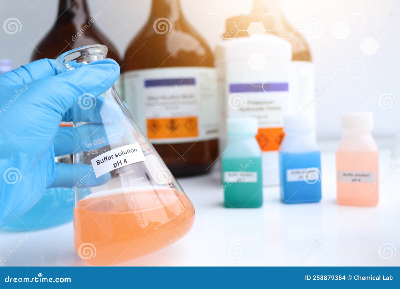 buffer solution in glass, chemical in the laboratory and industry