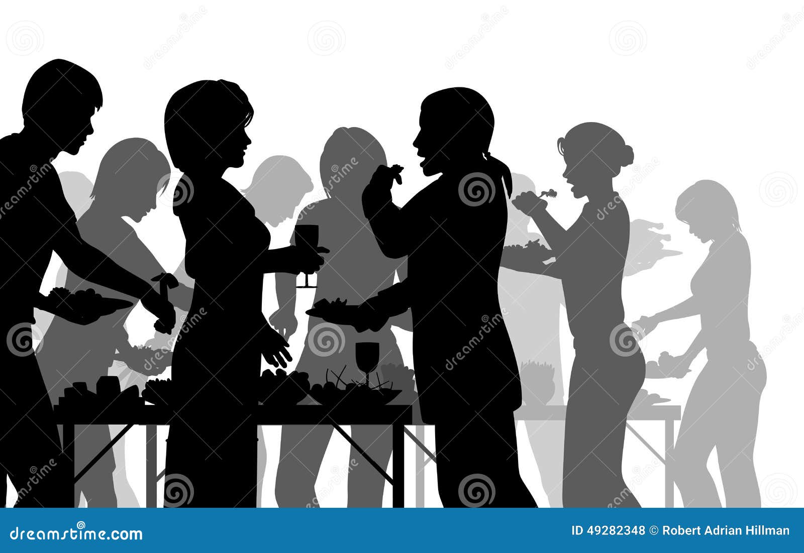 Buffet meal. EPS8 editable vector silhouettes of people enjoying a buffet with all figures as separate objects