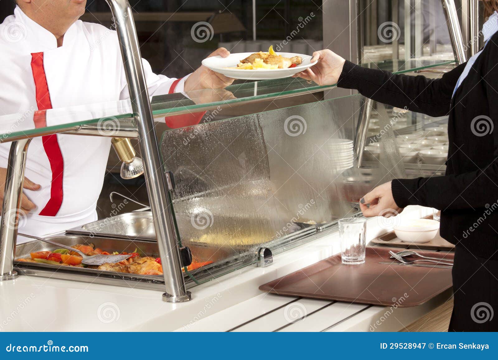 Buffet self-service food display human hand take plate