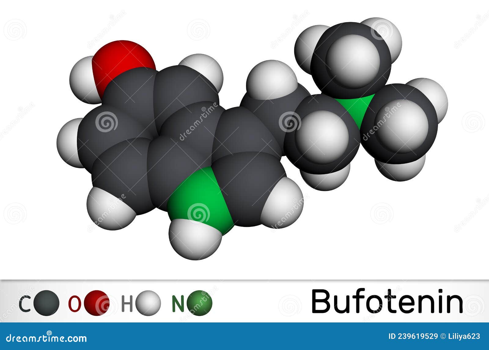 bufotenin alkaloid molecule. it is tryptamine derivative, hallucinogenic serotonin analog, found in toad skins, mushrooms.