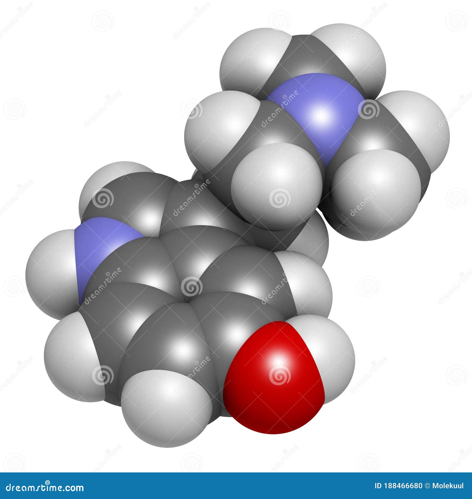 bufotenin molecule. tryptamine present in several psychedelic toads. 3d rendering. atoms are represented as spheres with