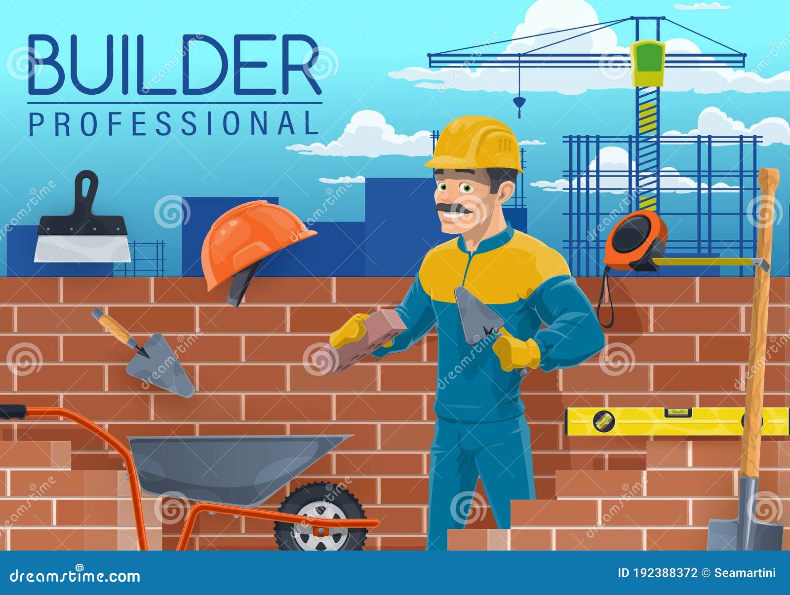 Builder with Bricklayer Tools, Construction Worker Stock Vector