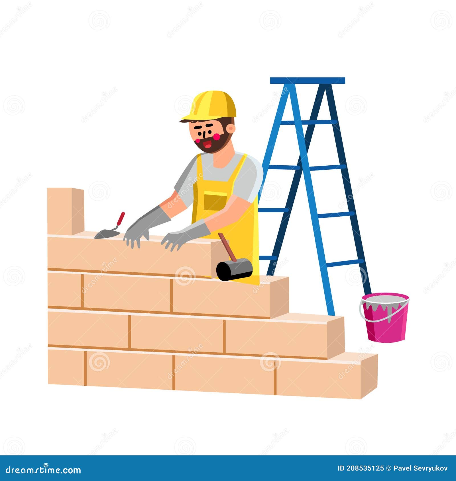 Builder Building House Wall with Bricks Vector Stock Vector ...