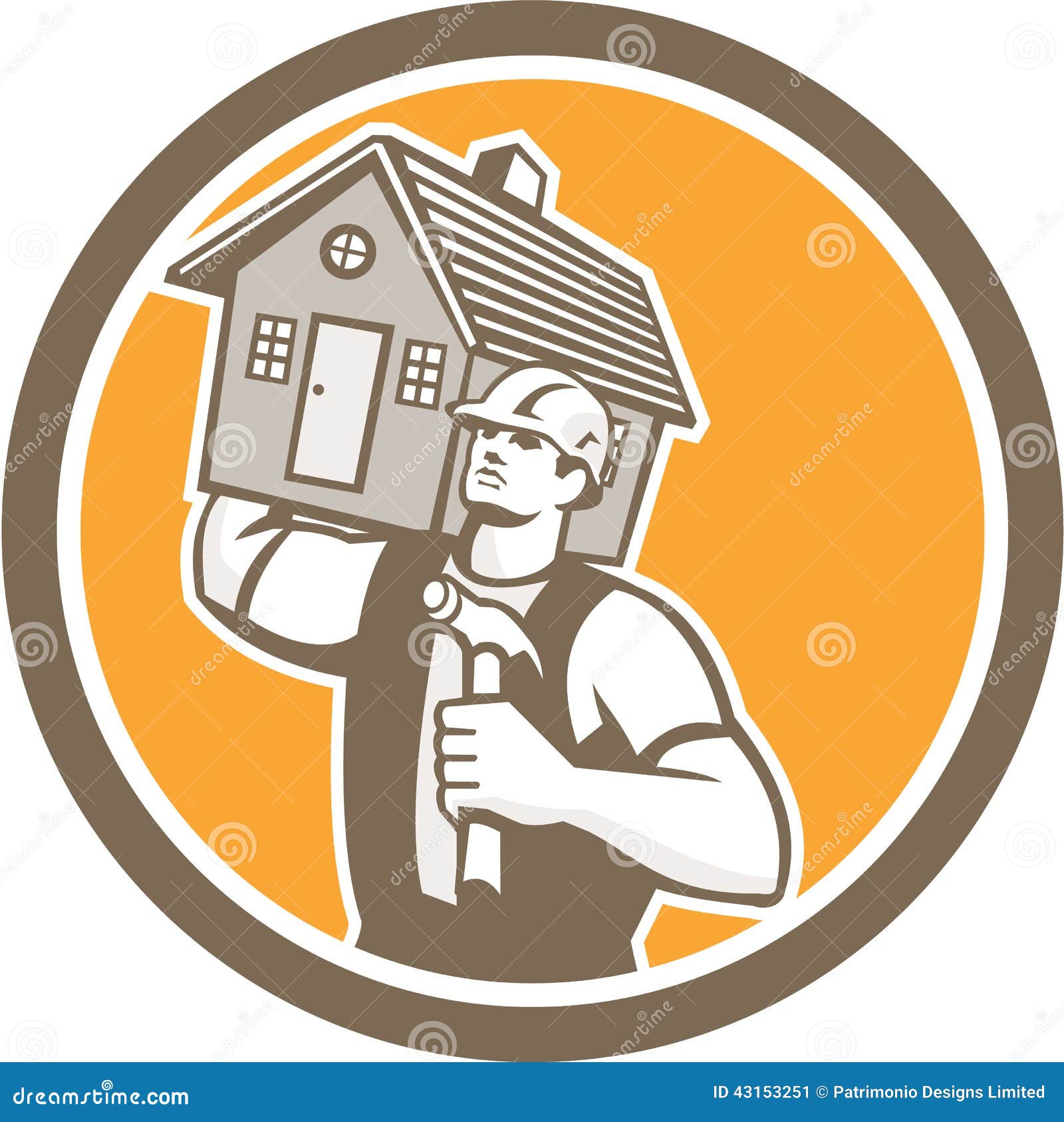 Illustration of a carpenter builder holding hammer and carrying house 