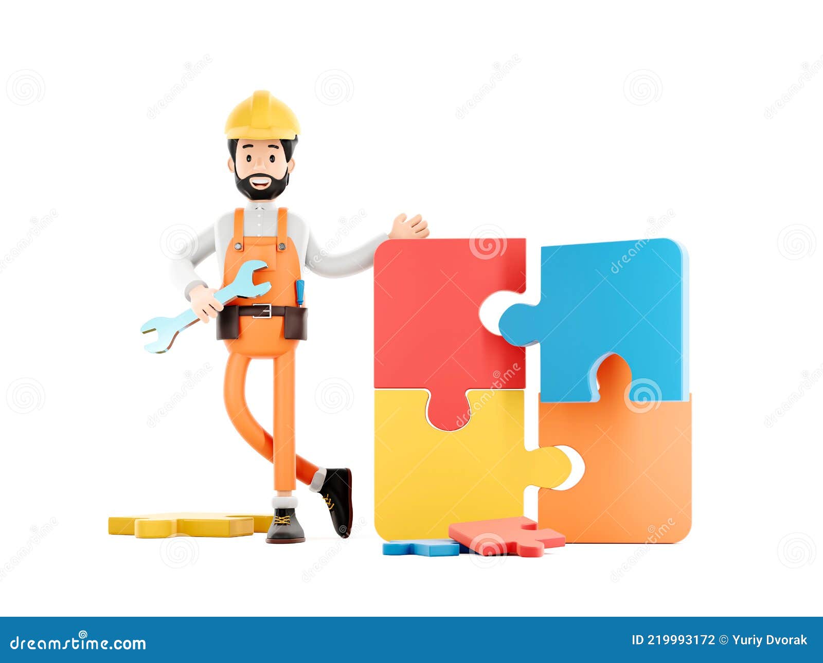 Builder Cartoon Character, Funny Worker or Engineer with Puzzle Isolated.  Resolve the Problem Concept 3d Illustration Stock Illustration -  Illustration of worker, laborer: 219993172