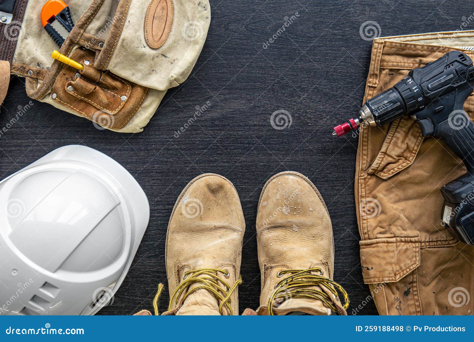 Builder Clothes, Worker Uniform on Wooden Background, Flat Lay. Stock ...