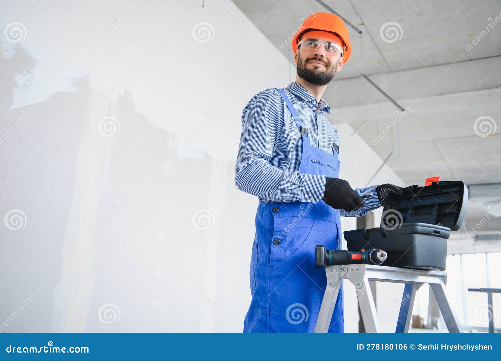Builder on Construction Site with Tool Box Stock Photo Image of case