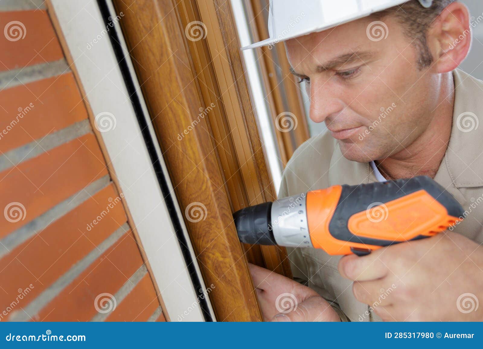 Builder Drilling Hole in Wooden Door Stock Photo Image of timber