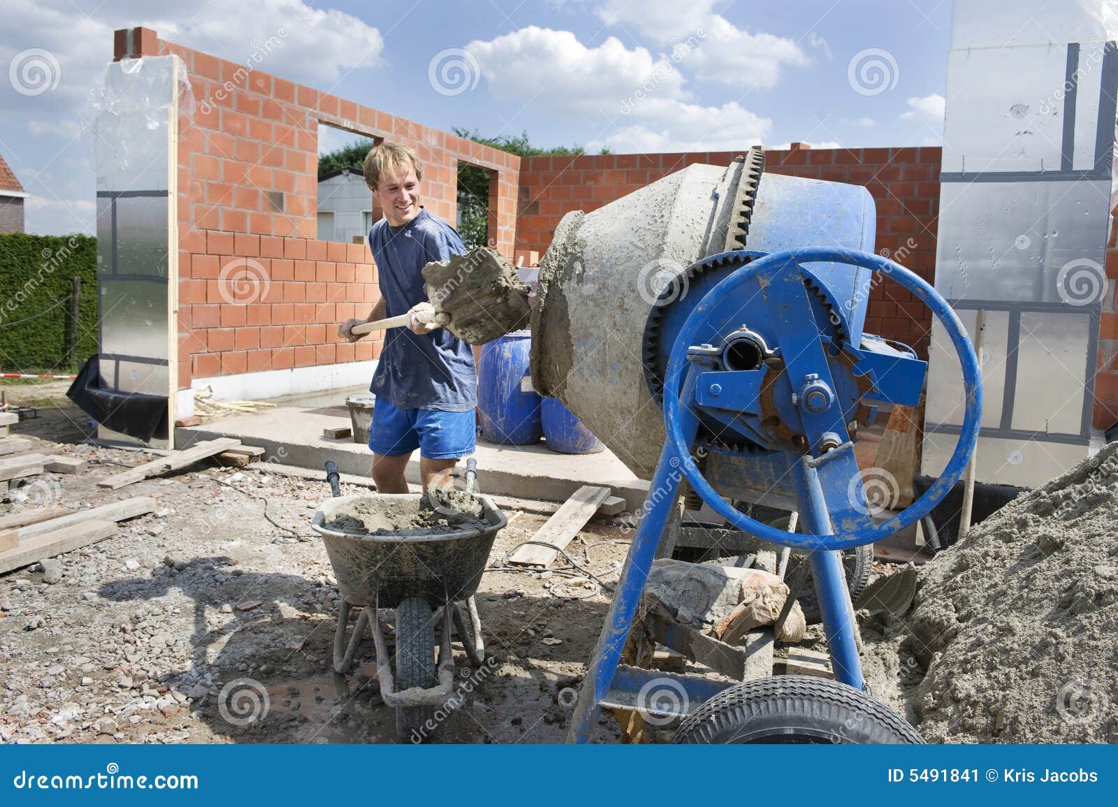 builder filling a conrete mixer