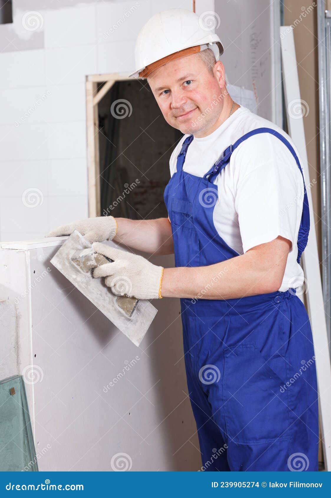 Builder Filling Gaps on Drywall Element Stock Photo Image of concrete