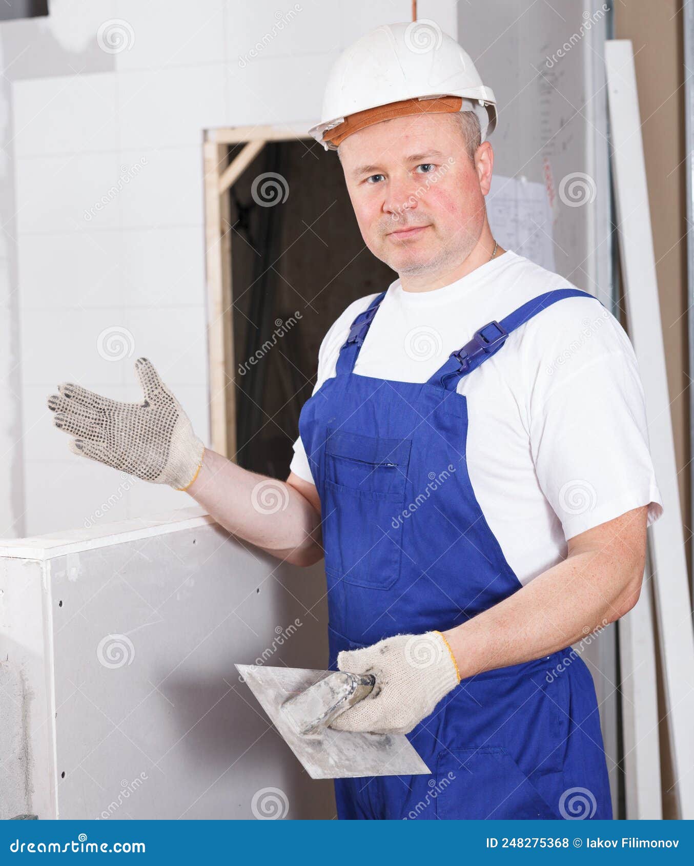 Builder Filling Gaps on Drywall Element Stock Photo Image of