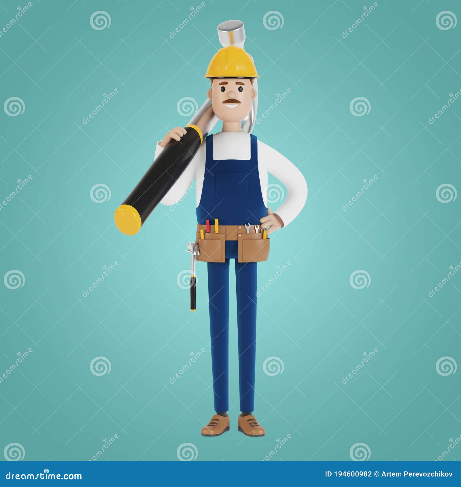 A Builder with a Hard Hat and a Big Hammer. Construction Worker Stock