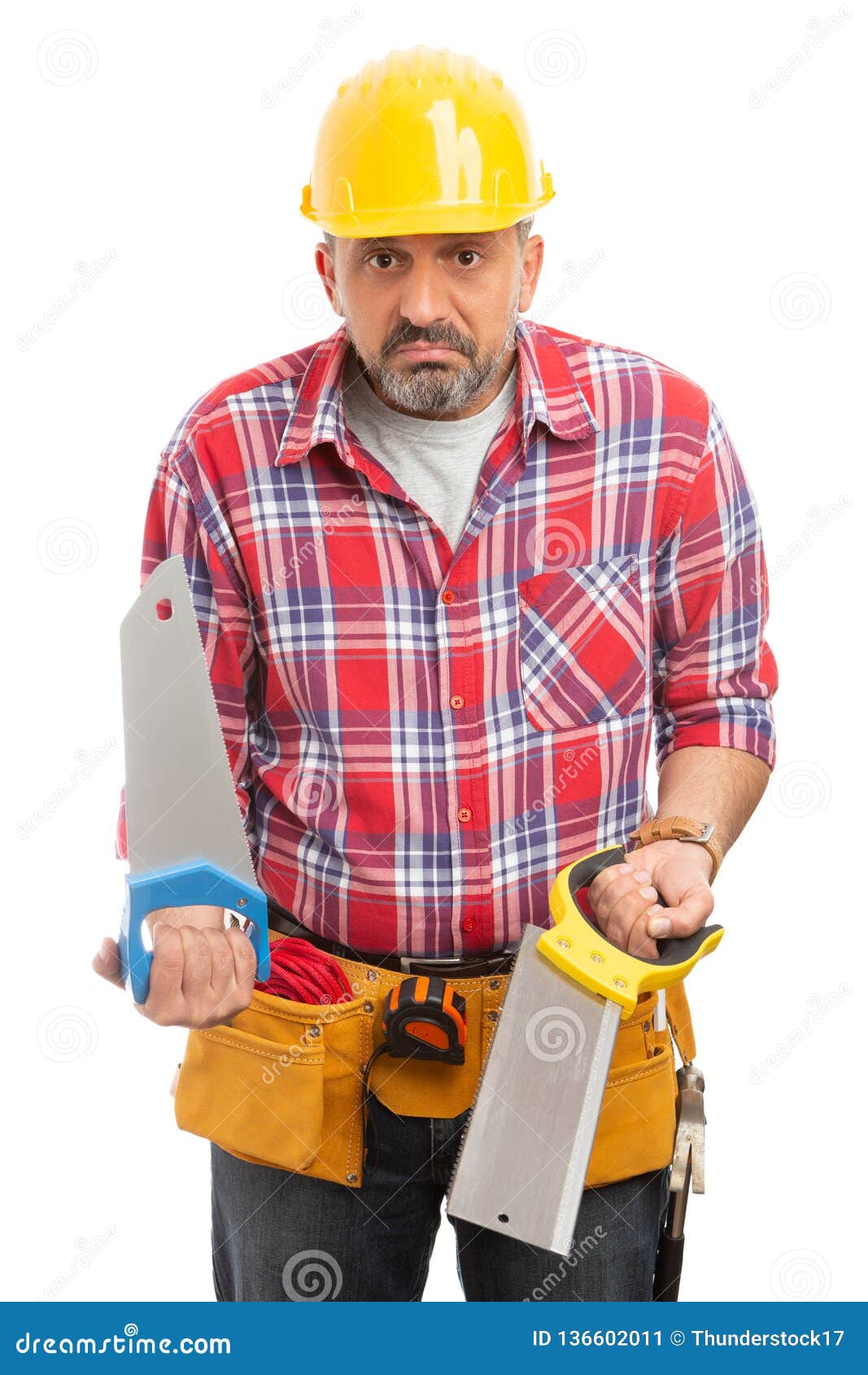 Builder Holding Saws with Confused Expression Stock Image Image of