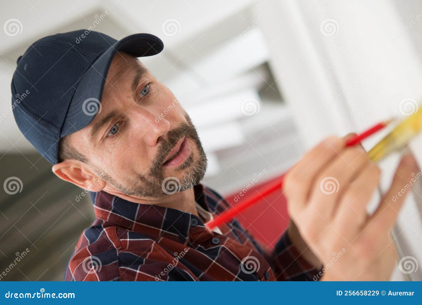 Builder Marks on Wall with Ruler and Pencil Stock Image Image of home