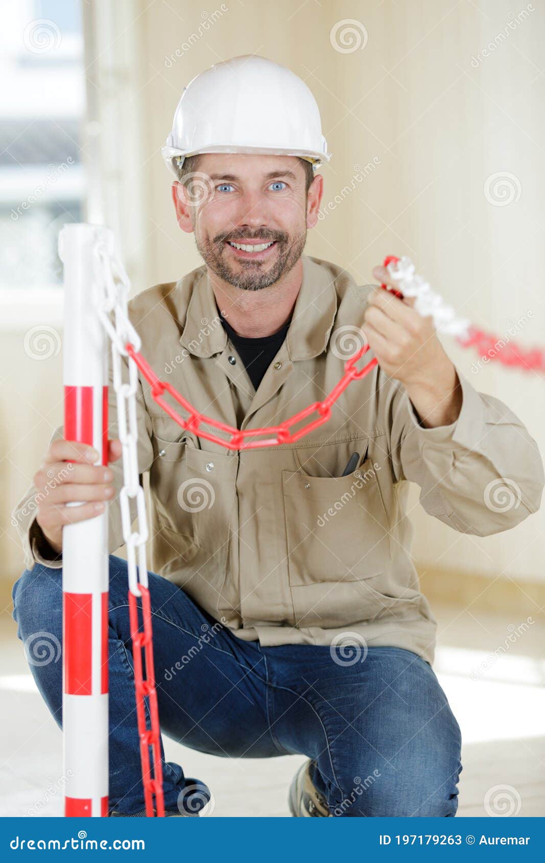 Builder Putting Safety Chain Around Site Stock Image Image of