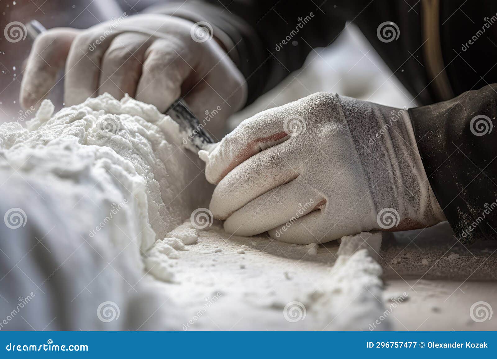 Builder& X27;s Hands, Covered in Foam Insulation Material Stock Image