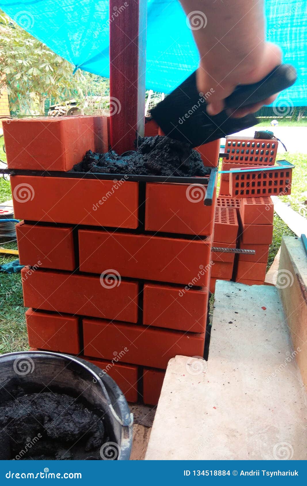 The Builder Uses a Trowel for Masonry Bricks Stock Photo Image of