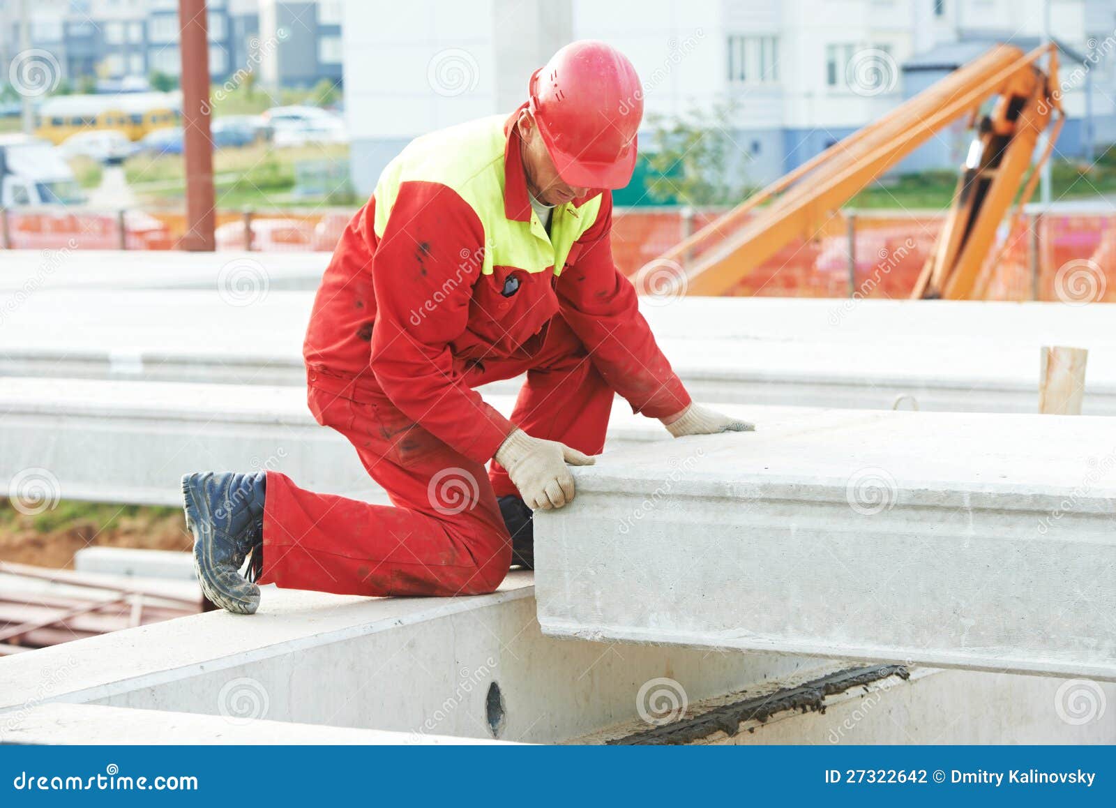 Builder Worker Installing Concrete Slab Stock Photo - Image of