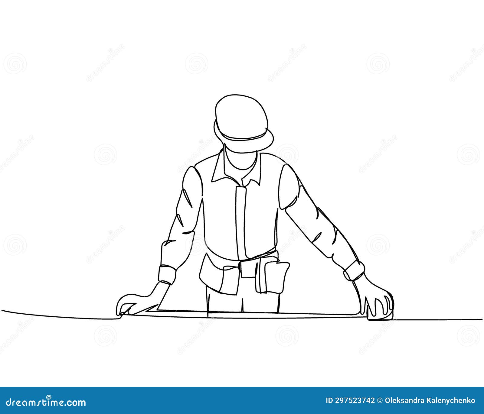 builder in working uniform and hard hat measures material with tape measure, protective overalls, safety one line art