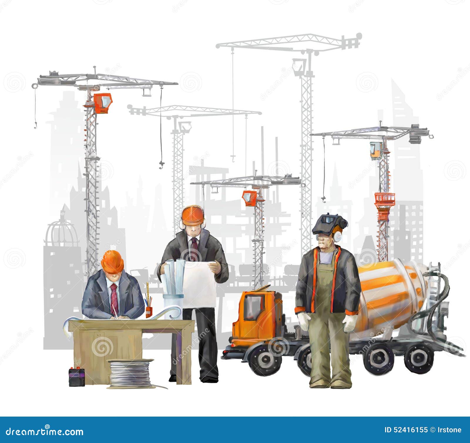 Builders on the Building Site. Industrial Illustration with Workers