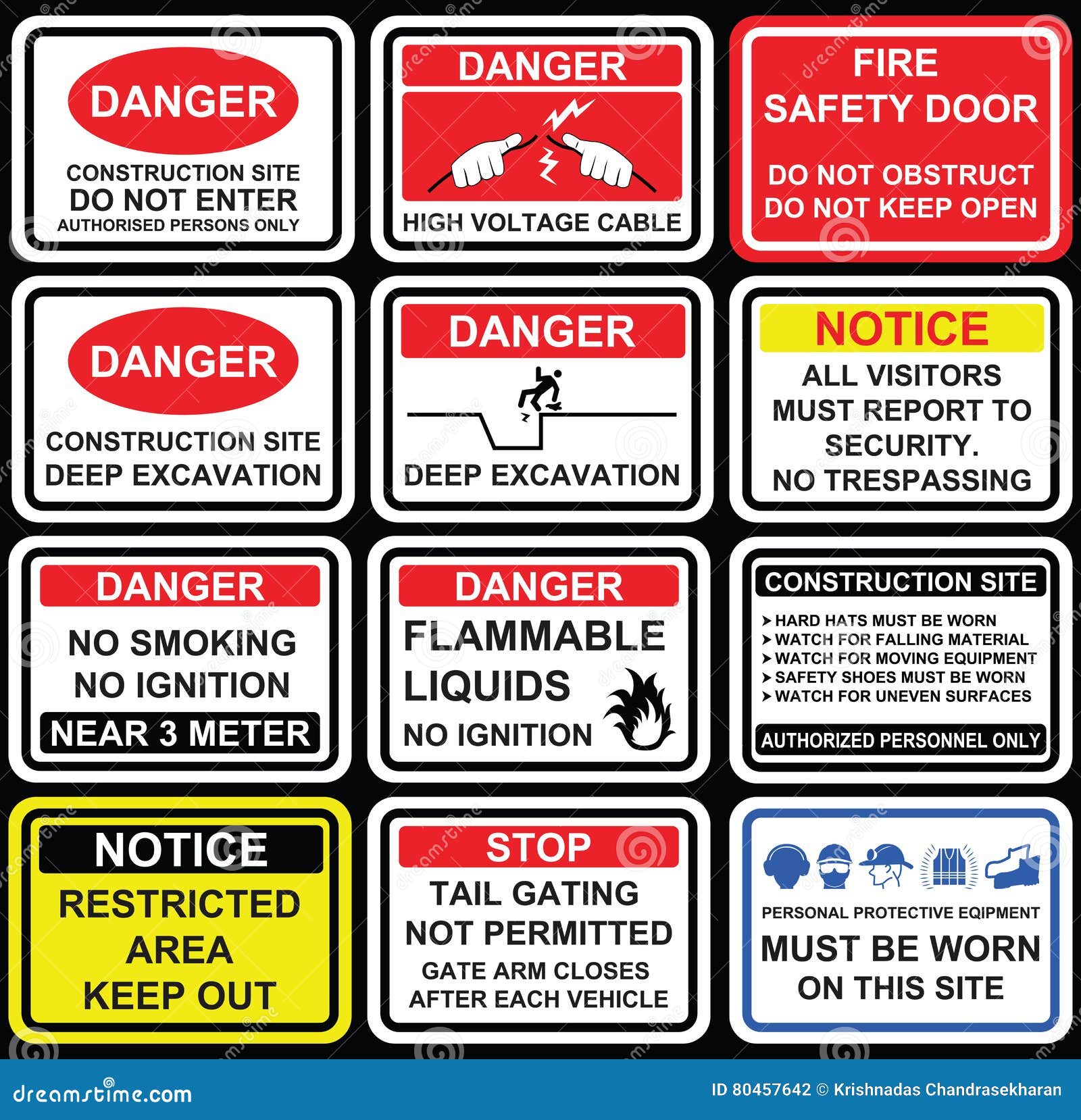 Building Construction Site Safety Warning Signage, Icons and S Stock