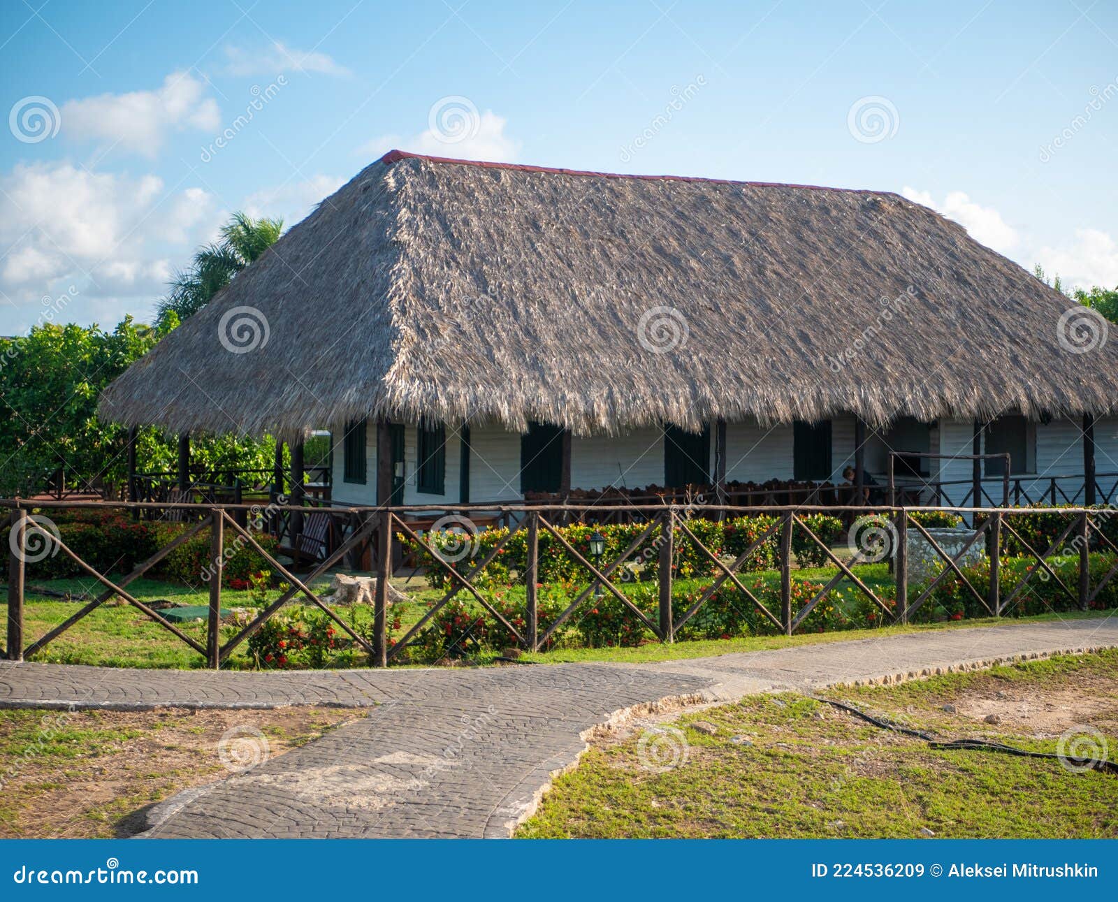 the building is a cuban style restaurant at the hotel tryp cayo coco. island cayo coco, cuba