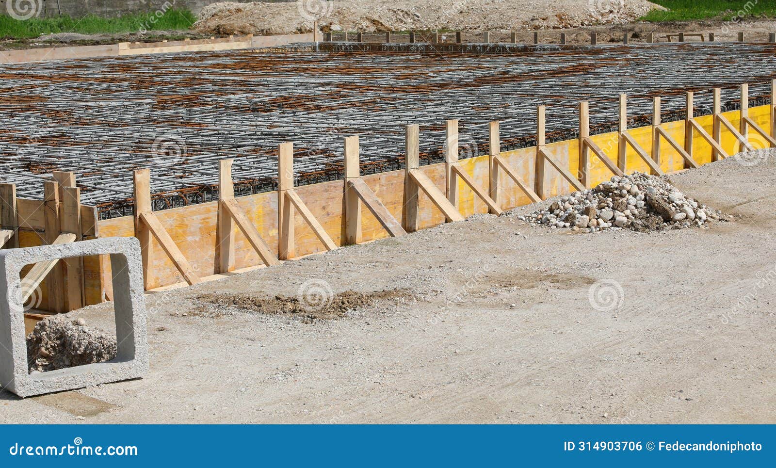 building formwork made with yellow wooden planks during laying cement