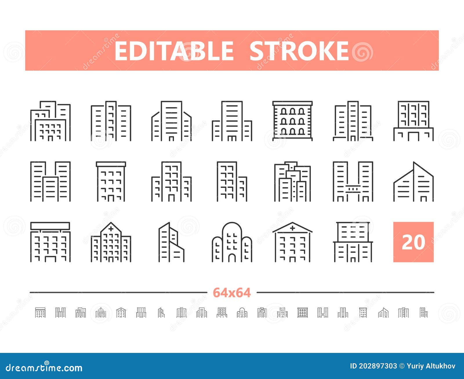 building 20 line icons.   in line style. editable stroke, 64x64, 256x256, pixel perfect.