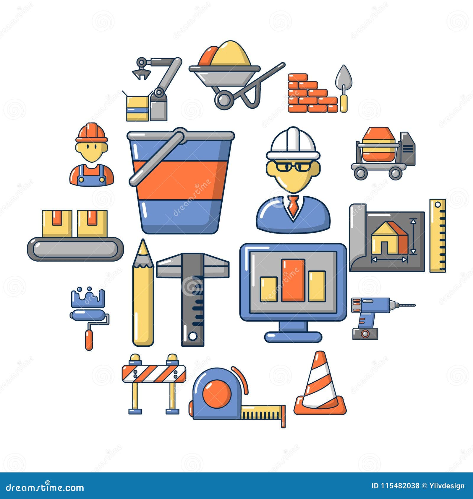 building process icons set, cartoon style