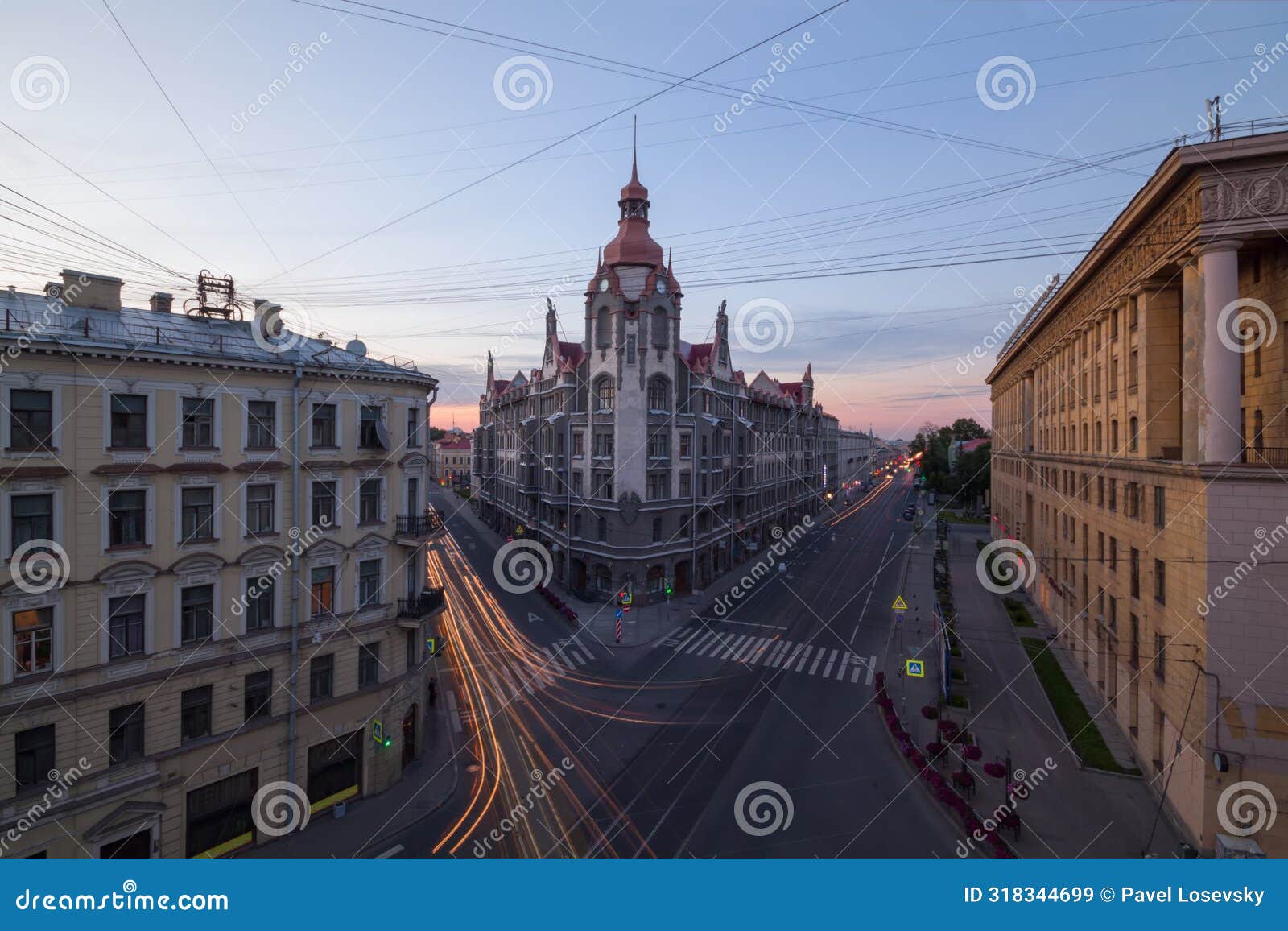 building with spire at corner of sadovaya street