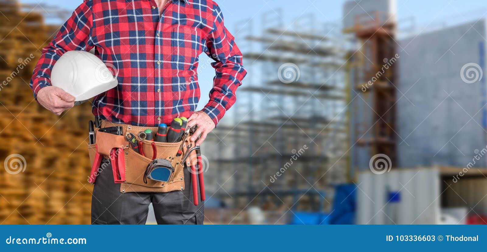 Building Worker with Tool Belt and Helmet Stock Image Image of