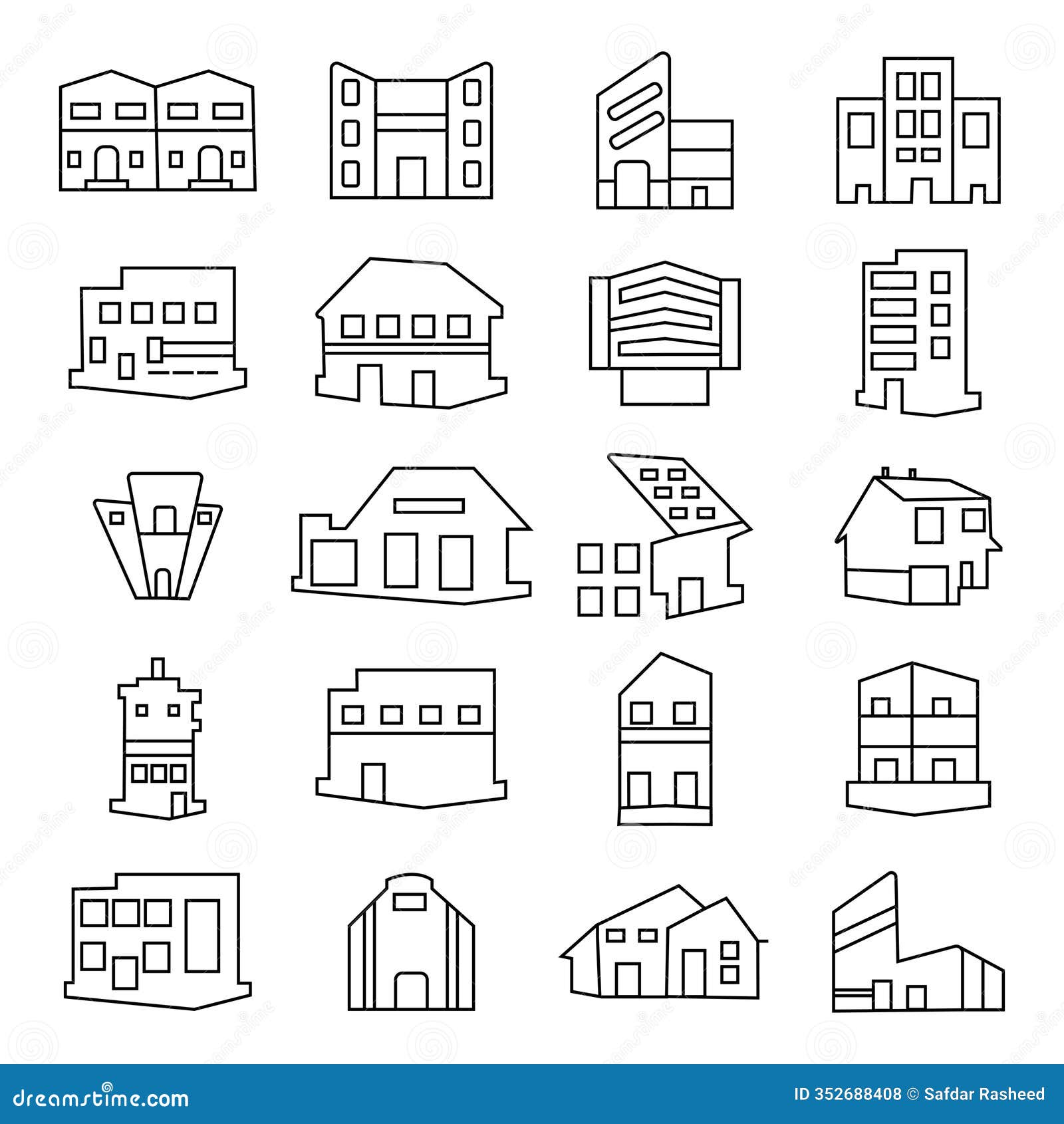 buildings line icon set. bank, school, courthouse, university, library. architecture concept. can be used for topics like office,