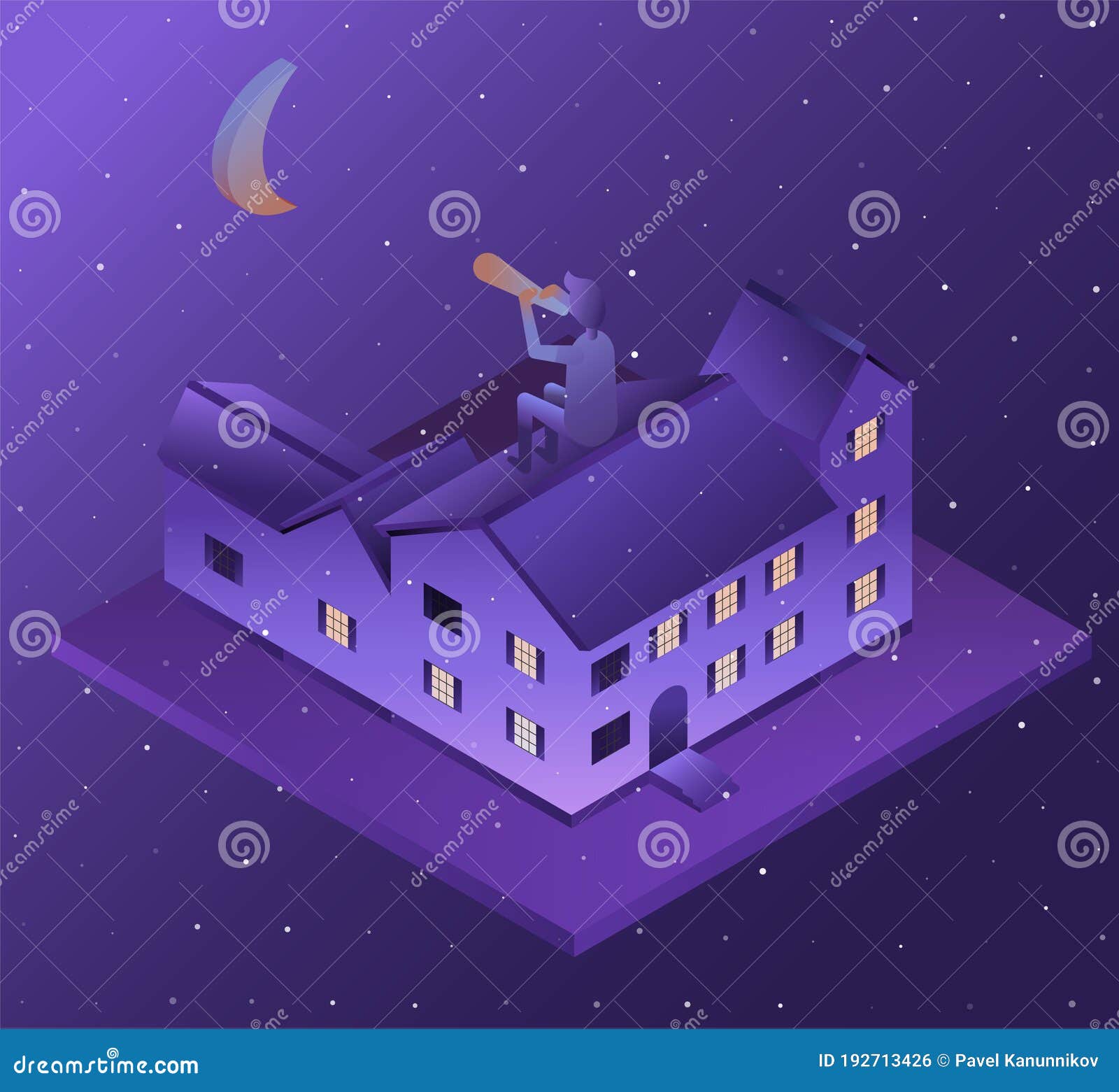 Buildings in Perspective, the Moon at Night. House in 3D. Vector