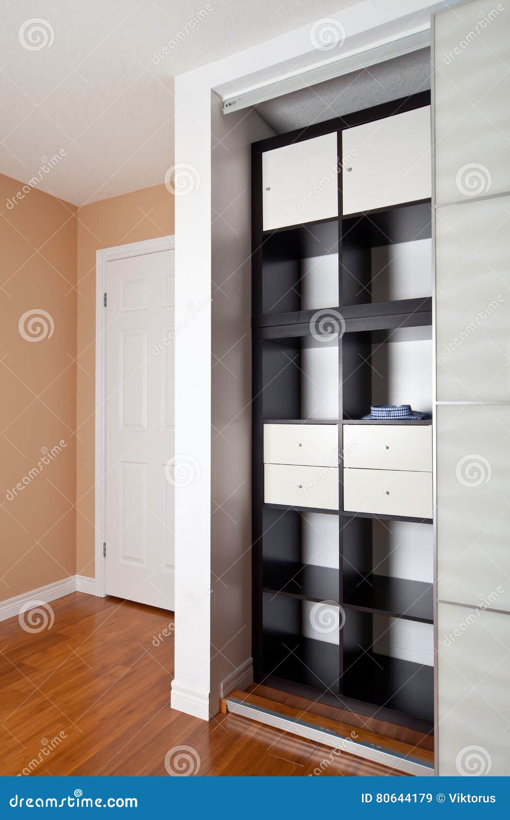 Builtin Closet with Sliding Door Shelving Storage Organization Stock