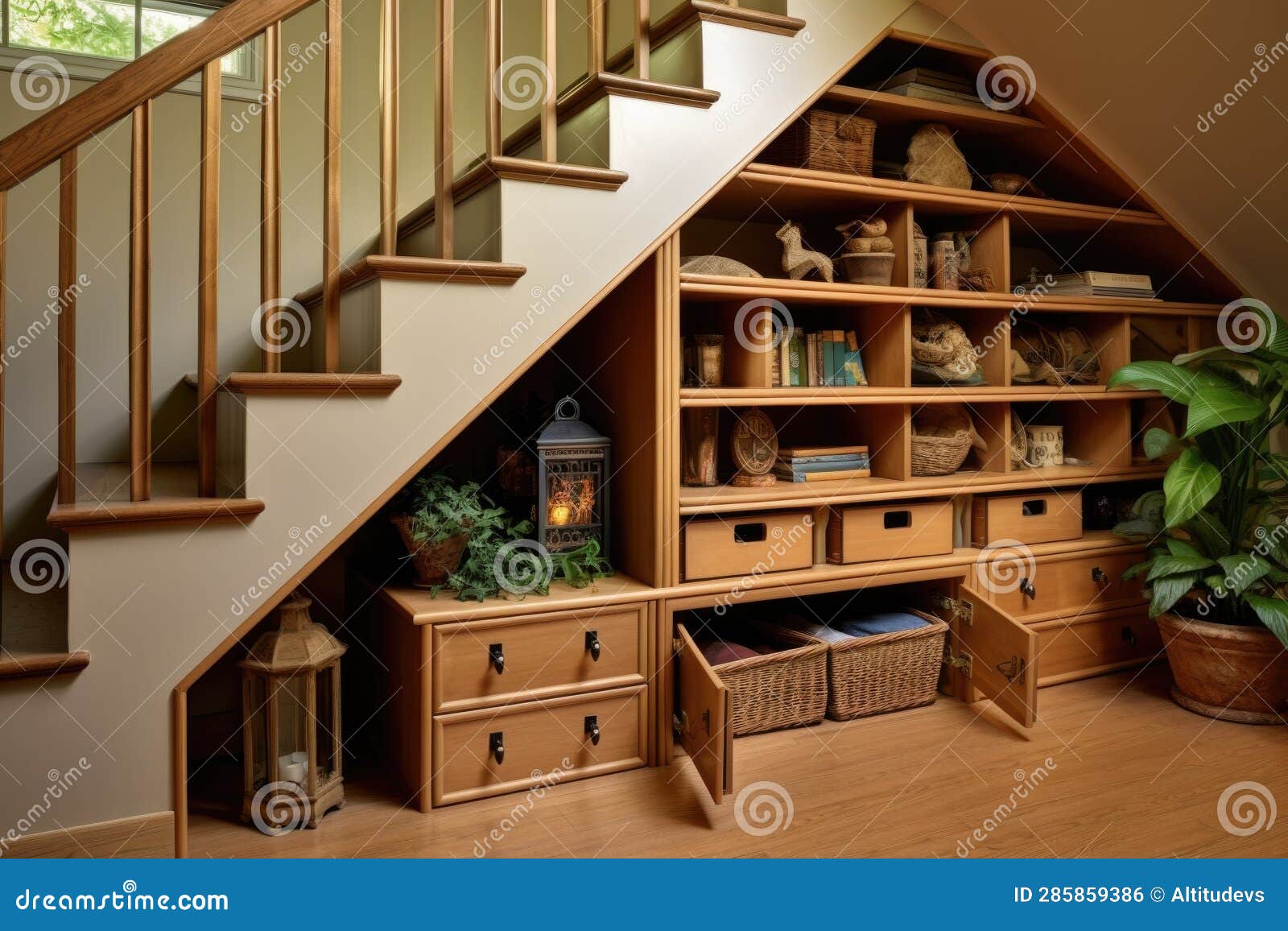 Builtin Drawers and Shelves Under Stairs Stock Photo Image of