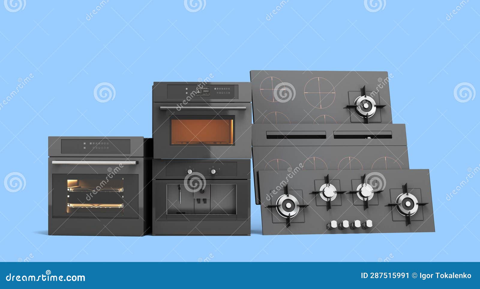 Builtin Electric and Gas Cooking Surfaces and Ovens 3d Render on Blue