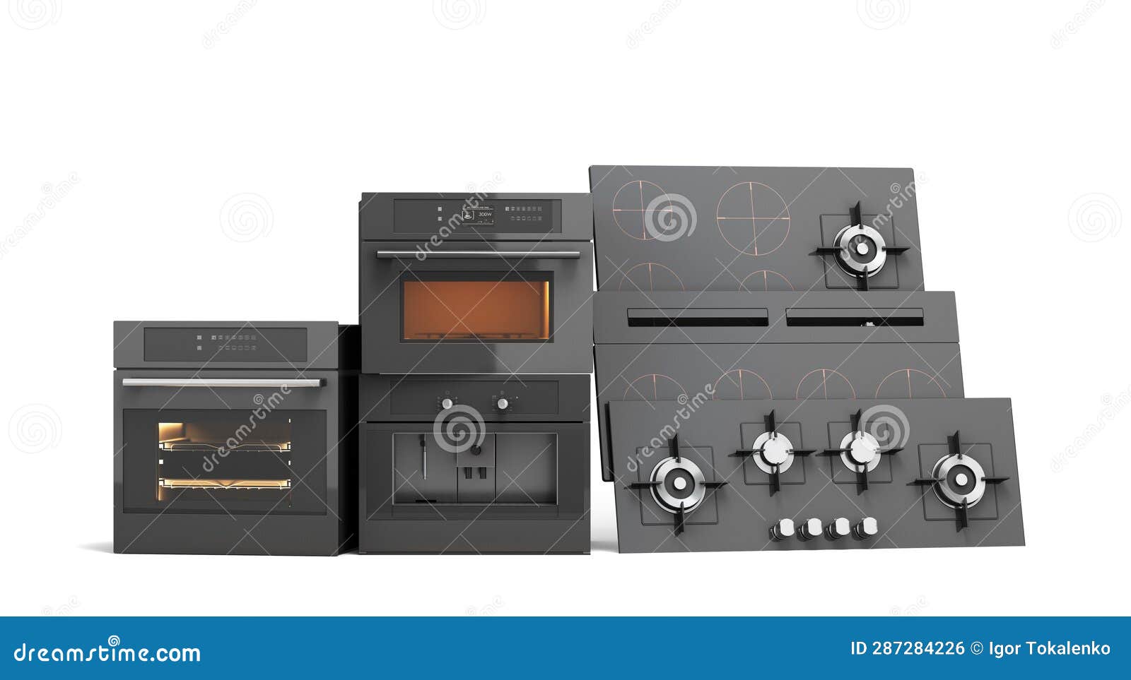 Builtin Electric and Gas Cooking Surfaces and Ovens 3d Render on White Stock Illustration